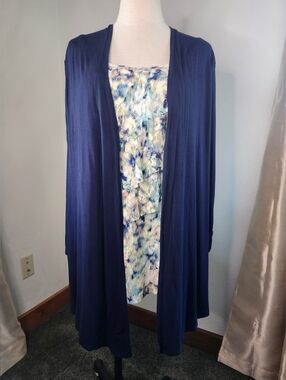 AGB 2-in-1 Layered Top XL Navy Cardigan Attached Floral Lace Blouse Lightweight